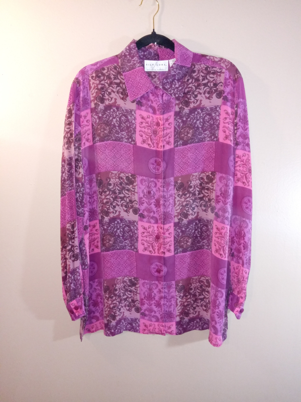 Pink Purple Patchwork Print Button-Up Blouse